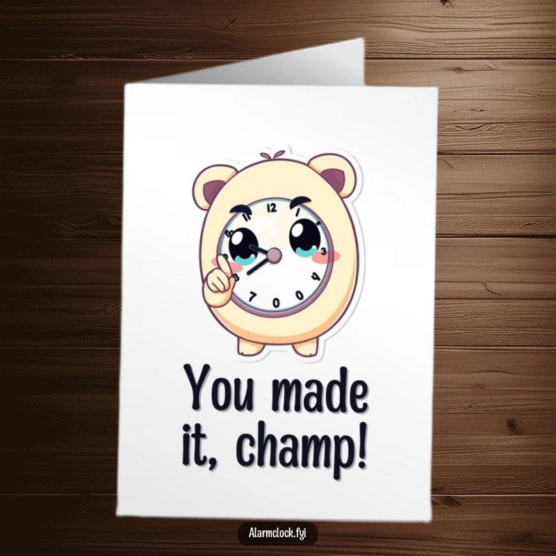 Funny Free Printable Congrats Card: Determined character pointing at a clock, having just won a race, celebrating success with humor.