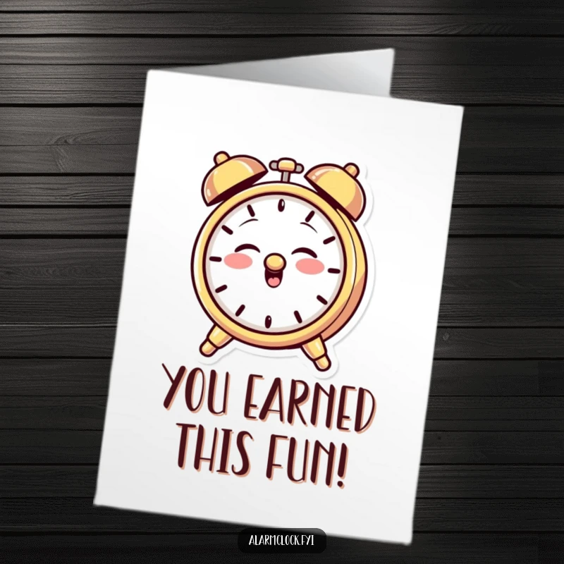 Funny Free Printable Congratulations Card: A giggling alarm clock character with a wicked grin playfully ringing its bell.