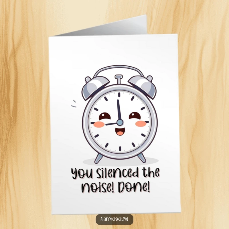 Funny Free Printable Congratulations Card: Character with a happy sigh turns off a loud alarm clock, embracing quiet victory.