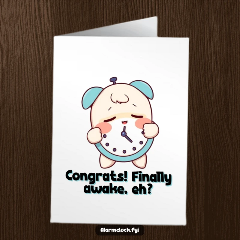 Funny Free Printable Congrats Card: Sleepy character groggily slapping an alarm clock, celebrating success with a humorous DIY gift.