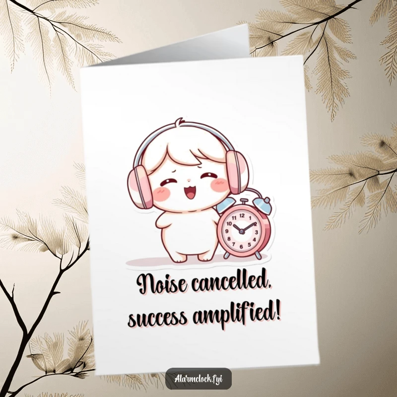 Funny Free Printable Congratulations Card showing a giggling character in earmuffs, oblivious to a ringing alarm clock.