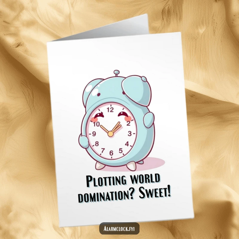 Funny Free Printable Congratulations Card: Mischievous character winding a small alarm clock, hinting at exciting plans or timed success.