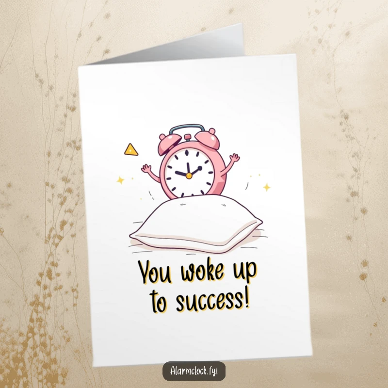 Funny Free Printable Congratulations Card: Frantic alarm clock jumps on bed to wake a dozing pillow, celebrating success.