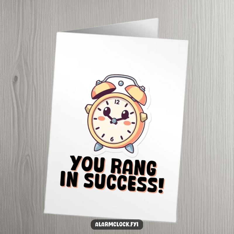 Funny Free Printable Congratulations Card: Startled alarm clock character popping out of a bell, expressing comical surprise, a perfect downloadable gift.