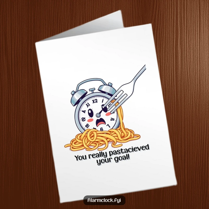 Funny Free Printable Congrats Card: A startled, spaghetti-covered alarm clock narrowly avoids a hungry fork. Celebrate their win!