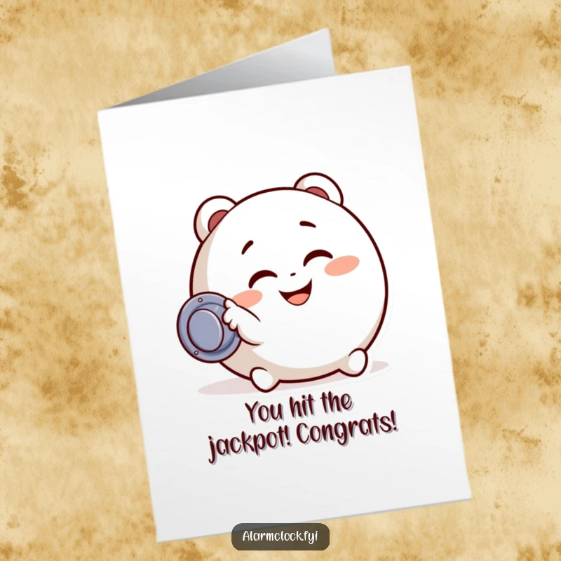 Funny Free Printable Congrats Card: Character joyfully hitting snooze, celebrating a win with a playful grin.
