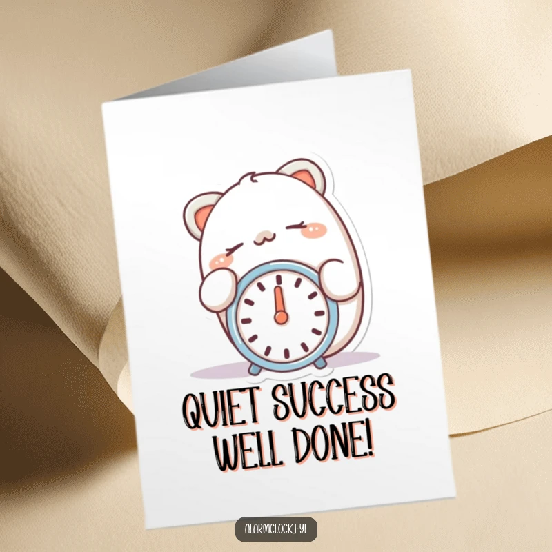 Funny Free Printable Congratulations Card showing a happy character snoozing peacefully with a finger on a silenced alarm clock.