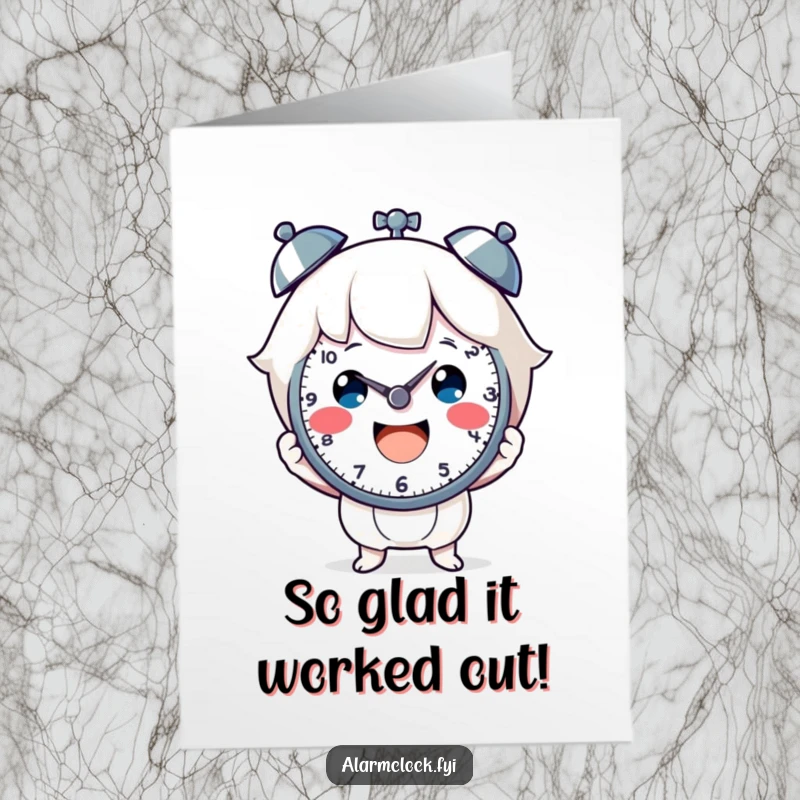 Funny Free Printable Congrats Card: A joyful character proudly holds a clock face, cheering for a successful milestone with a big, happy grin.