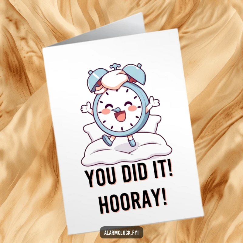 Free Printable Congratulations Card: Energetic character jumping joyfully from bed, celebrating a new milestone, alarm clock in background.