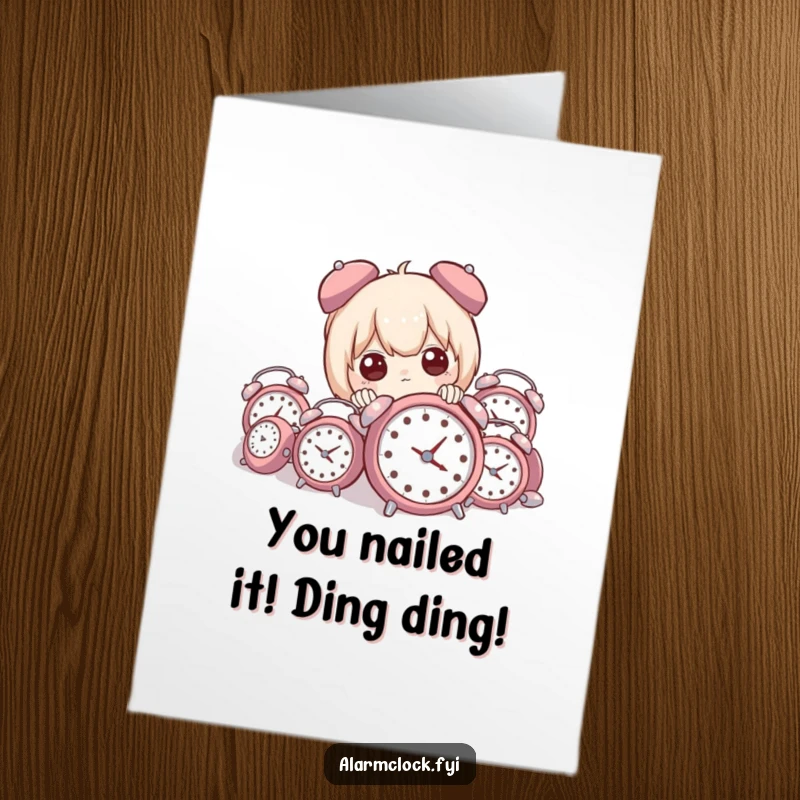 Funny Free Printable Congratulations Card: Character peeks from alarm clocks, celebrating a noisy success.