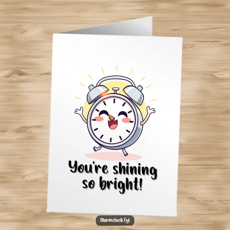 Funny Free Printable Congratulations Card: A cheerful alarm clock dancing with pure joy as the sun rises, offering a vibrant downloadable gift.