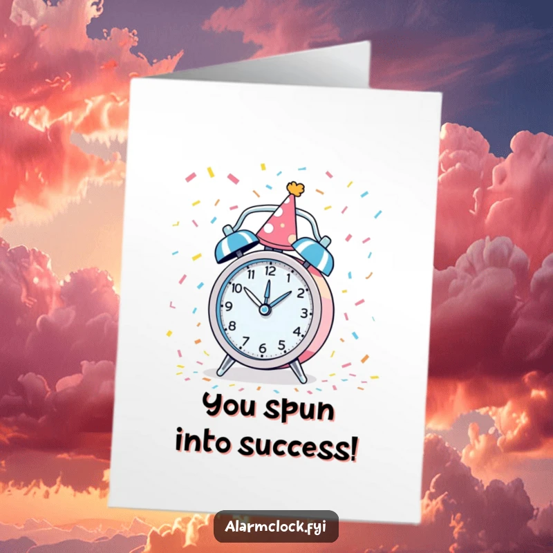 Funny Free Printable Congrats Card: A party alarm clock spins amidst confetti, celebrating a major achievement.