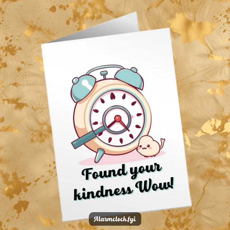 Funny Free Printable Thank You Card with a curious alarm clock character examining a tiny dust bunny.