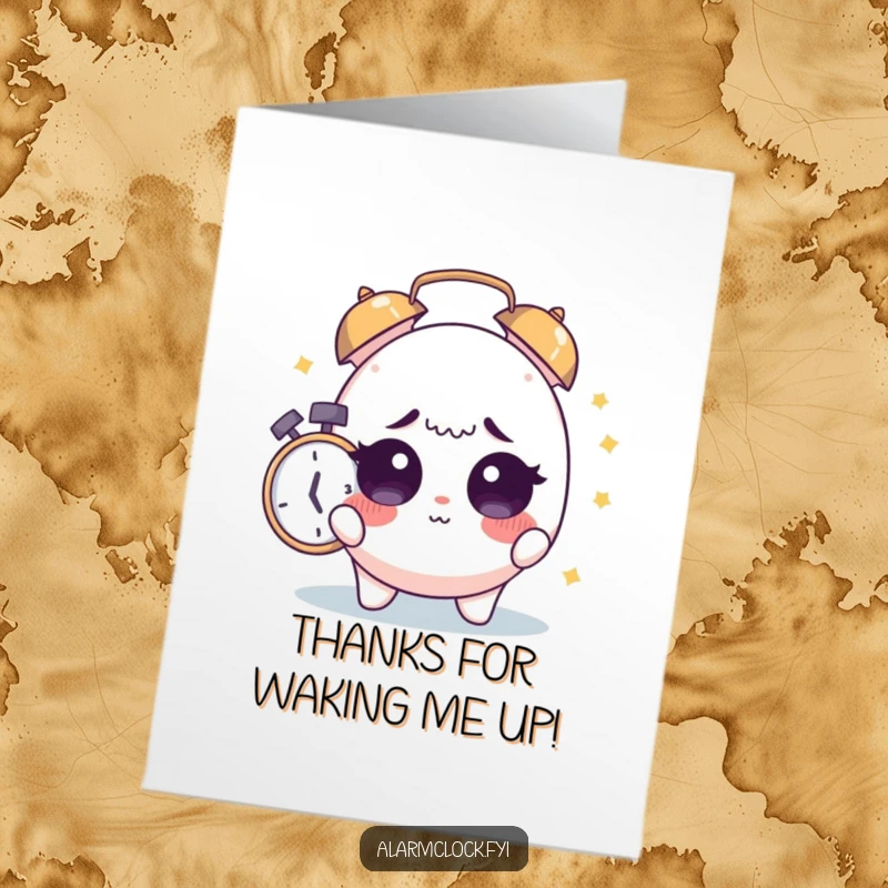 Funny Free Printable Thank You Card: A sleepy character is startled awake by an alarm, showing surprise and thanks.
