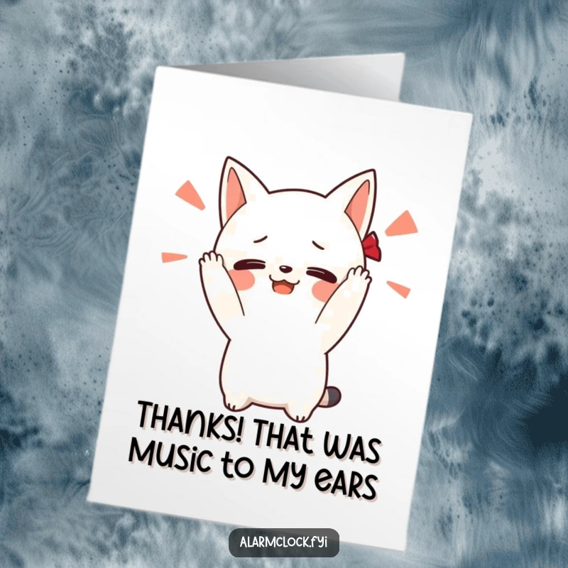 Funny Free Printable Thank You Card: Blushing character covering ears from a loud alarm, expressing thanks.