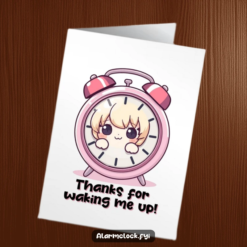 Funny Free Printable Thank You Card: Curious character cautiously eyeing a blaring ringing alarm, a humorous downloadable thank you note.