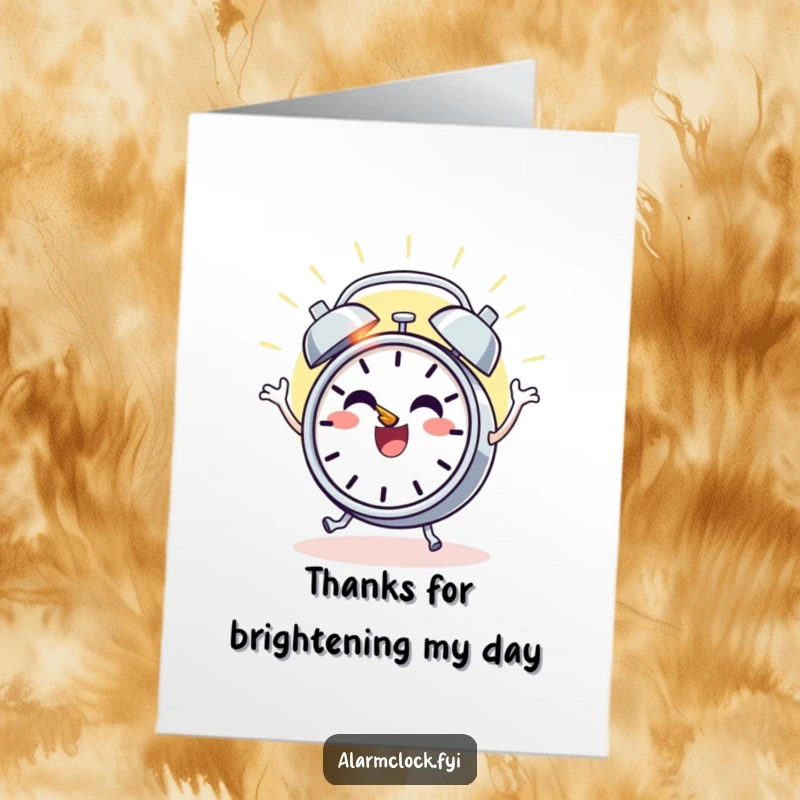 Funny Free Printable Thank You Card: Cheerful alarm clock character dancing with joy as the sun rises, a perfect DIY way to say thanks.