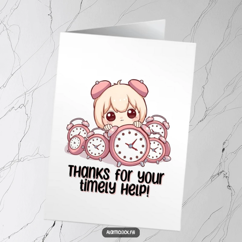 Funny Free Printable Thank You Card: Character peeking from alarm clocks, a shout-out of thanks.