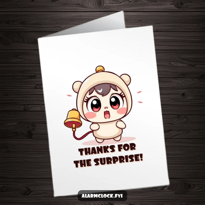 Funny Free Printable Thank You Card: Cute wide-eyed character startled by a bell, expressing gratitude.