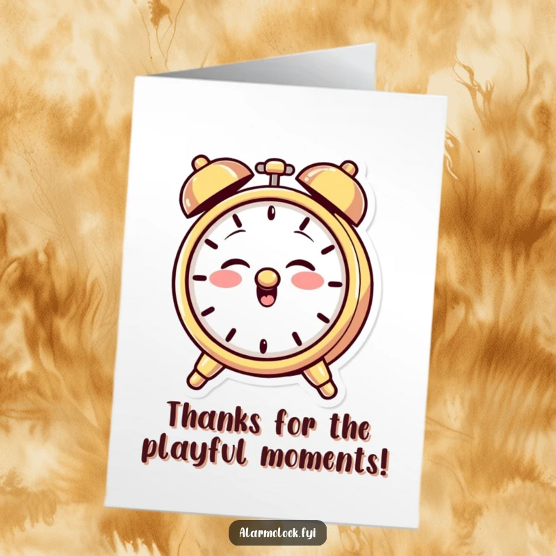 Funny Free Printable Thank You Card: A giggling alarm clock with a mischievous grin ringing its bell playfully.