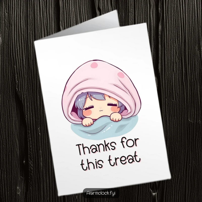 Funny Free Printable Thank You Card: Character peeking from under blanket, a meme for lazy thank you, downloadable.