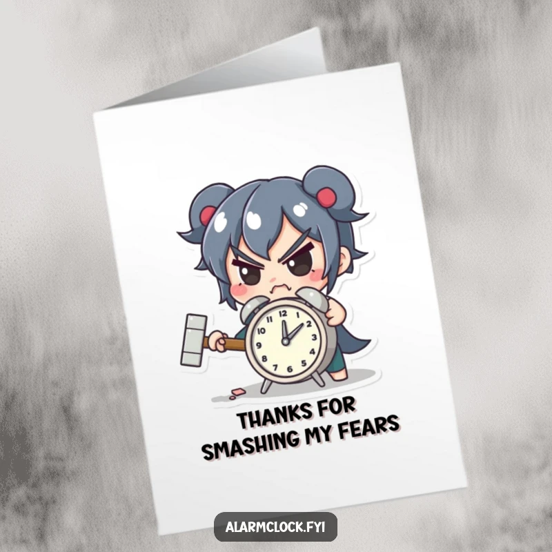 Funny Free Printable Thank You Card: Determined character smashing a tiny alarm clock with a hammer, a humorous act of gratitude.