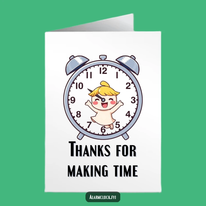 Free Printable Thank You Card Joyful Dancing Character Buzzing Clock Downloadable Gift