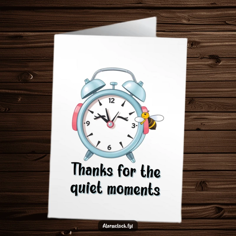 Funny Free Printable Thank You Card: Sleepy alarm clock with earmuffs ignoring a bee, a moment of peaceful DIY humor