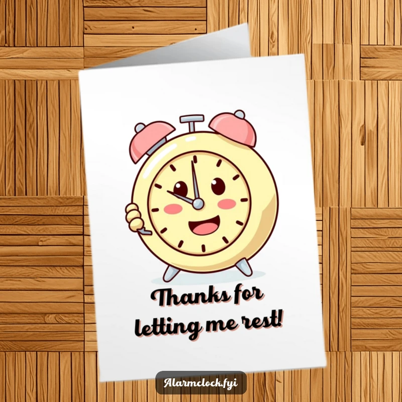 Funny Free Printable Thank You Card: A determined alarm clock character happily pushing the snooze button repeatedly.