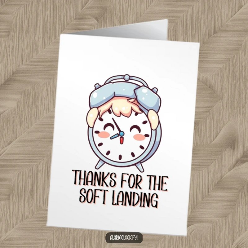 Funny Free Printable Thank You Card of a surprised character shielding themselves with a pillow from a chiming alarm clock.