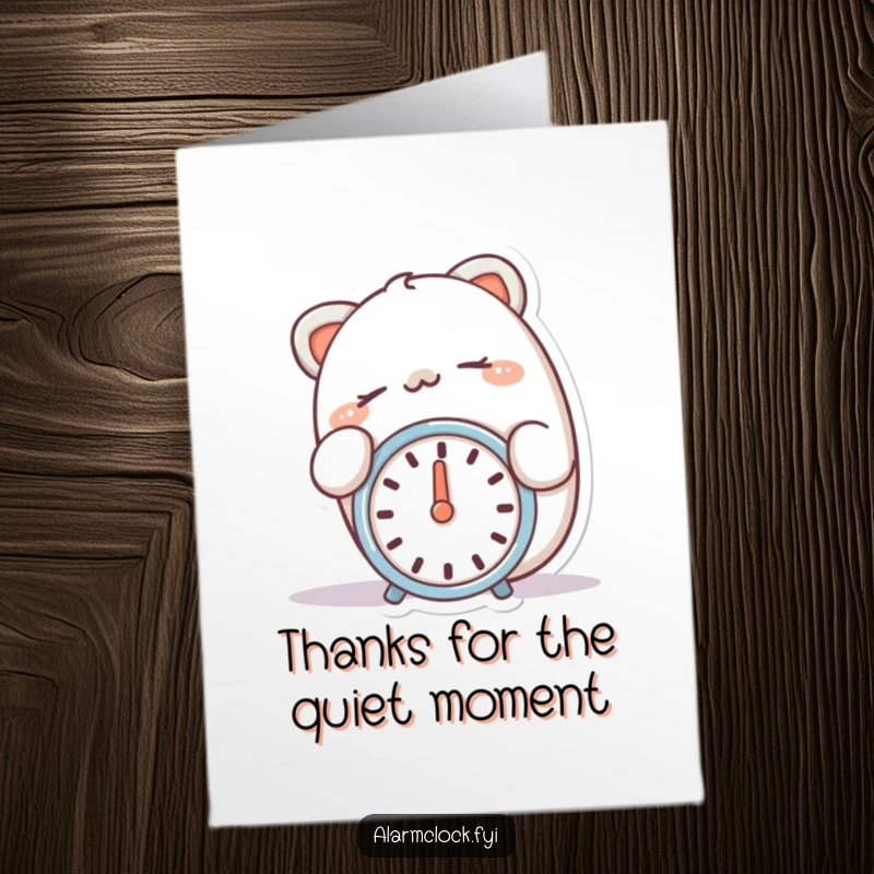 Funny Free Printable Thank You Card of a happy character enjoying a peaceful snooze, finger over a silent alarm clock.