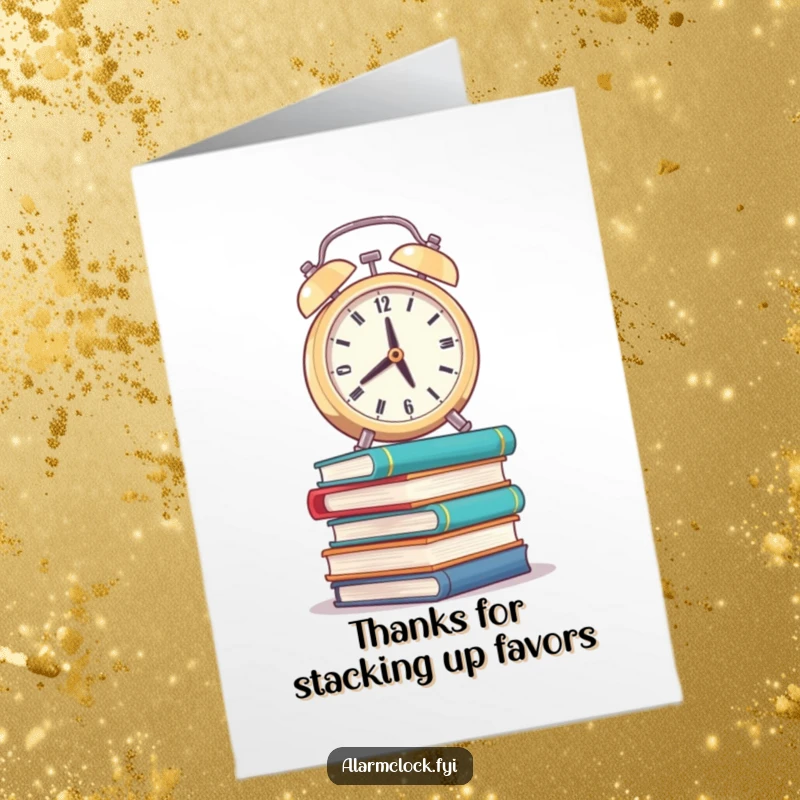 Funny Free Printable Thank You Card: A weary alarm clock on wobbly books trying to ring, thanking them for effort.