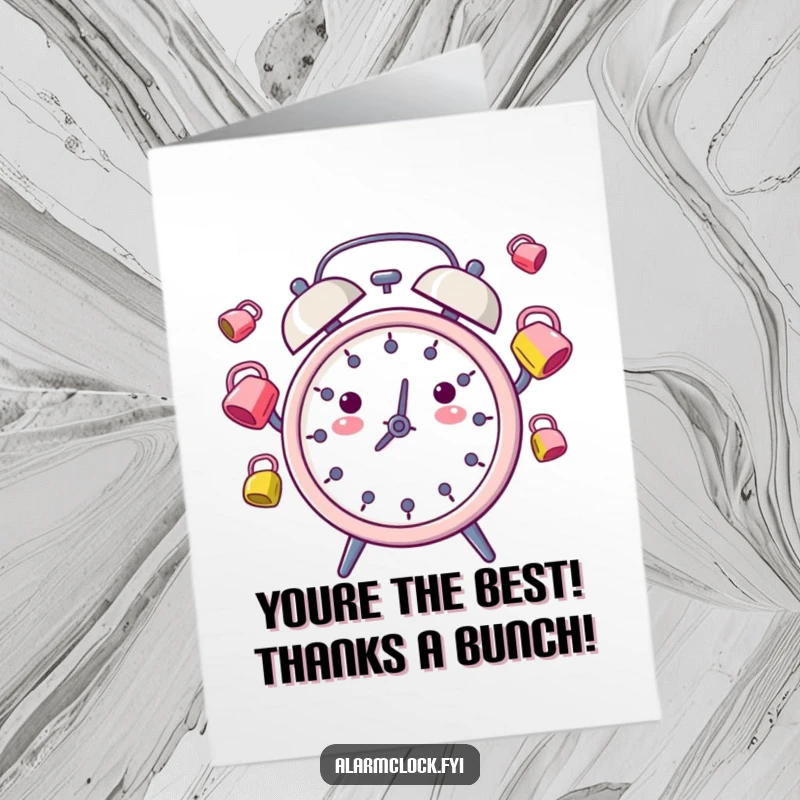 Funny Free Printable Thank You Card with a lively alarm clock character juggling colorful bells.