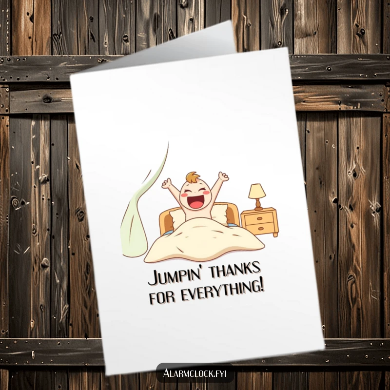 Funny Free Printable Thank You Card: an energetic character jumps out of bed, showing enthusiastic appreciation.