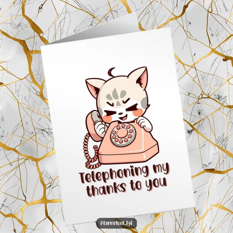 Funny Free Printable Thank You Card: Mischievous character dialing a tiny retro phone to say thank you.