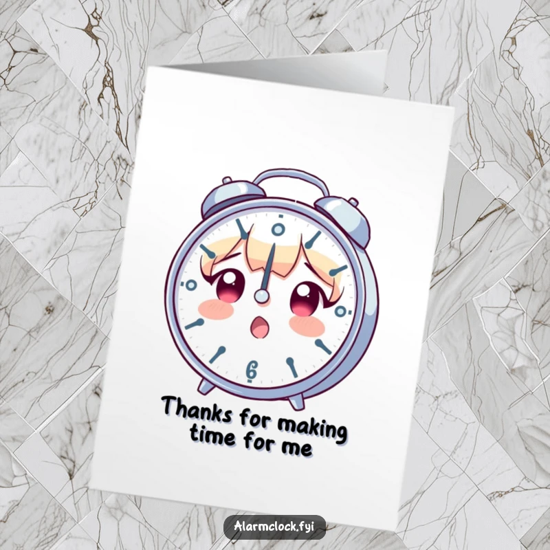 Funny Free Printable Thank You Card: Surprised character viewing a fast-spinning clock, expressing thanks.