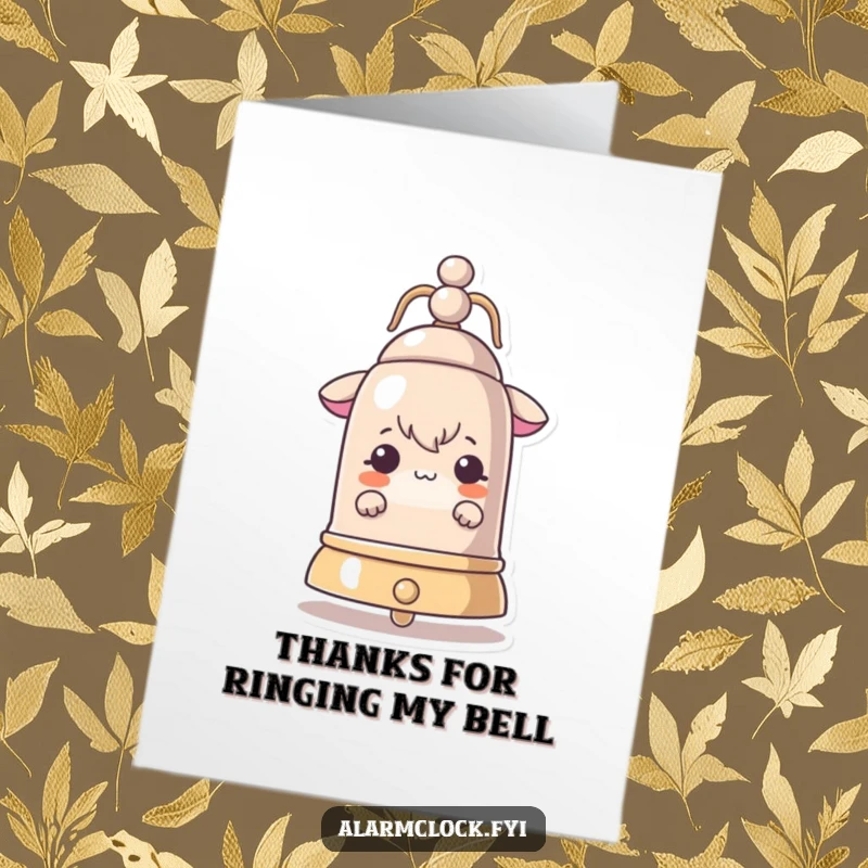 Funny Free Printable Thank You Card: Curious character peeking around a large ringing bell, a thoughtful expression.