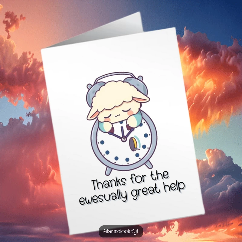 Funny Free Printable Thank You Card: Sleepy sheep in pajamas snoozes on alarm clock, offering cozy thanks.