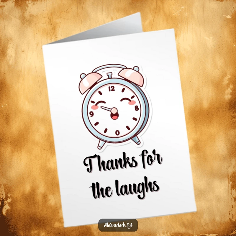 Funny Free Printable Thank You Card: A giggling alarm clock character covering its ears in a funny, exaggerated pose, ideal for a DIY thank you.