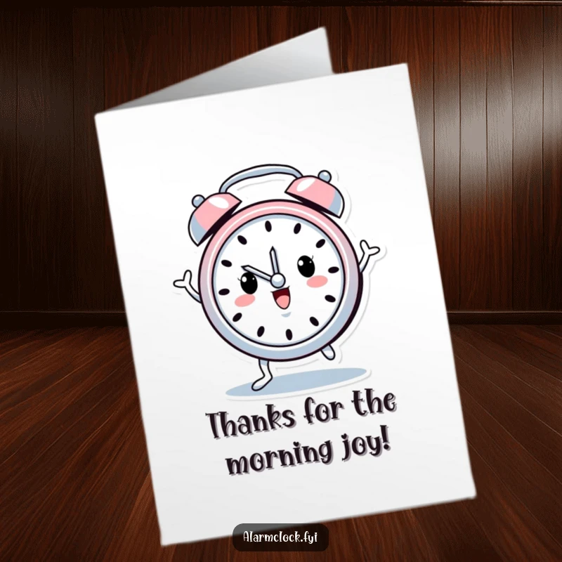 Funny Free Printable Thank You Card: A happy alarm clock with little legs dancing energetically to show thanks.