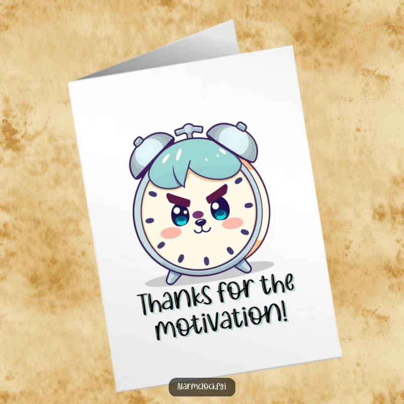 Funny Free Printable Thank You Card: Character with a determined smile facing an alarm clock, ready to tackle anything.