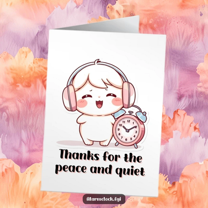 Funny Free Printable Thank You Card of a giggling character wearing earmuffs, an alarm clock ringing nearby and ignored.