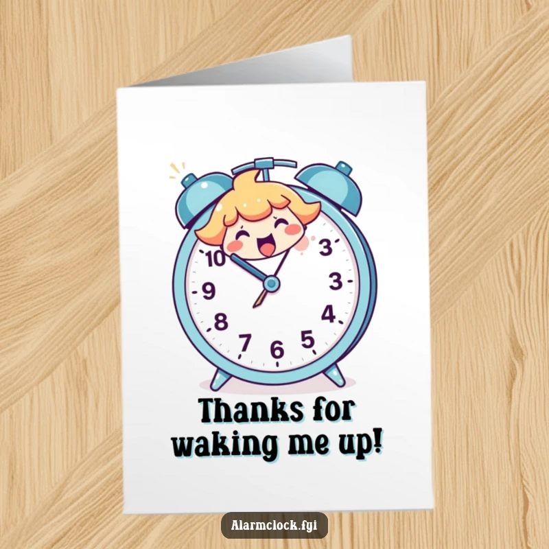 Funny Free Printable Thank You Card: Happy character enthusiastically smashing an alarm clock to show thanks.