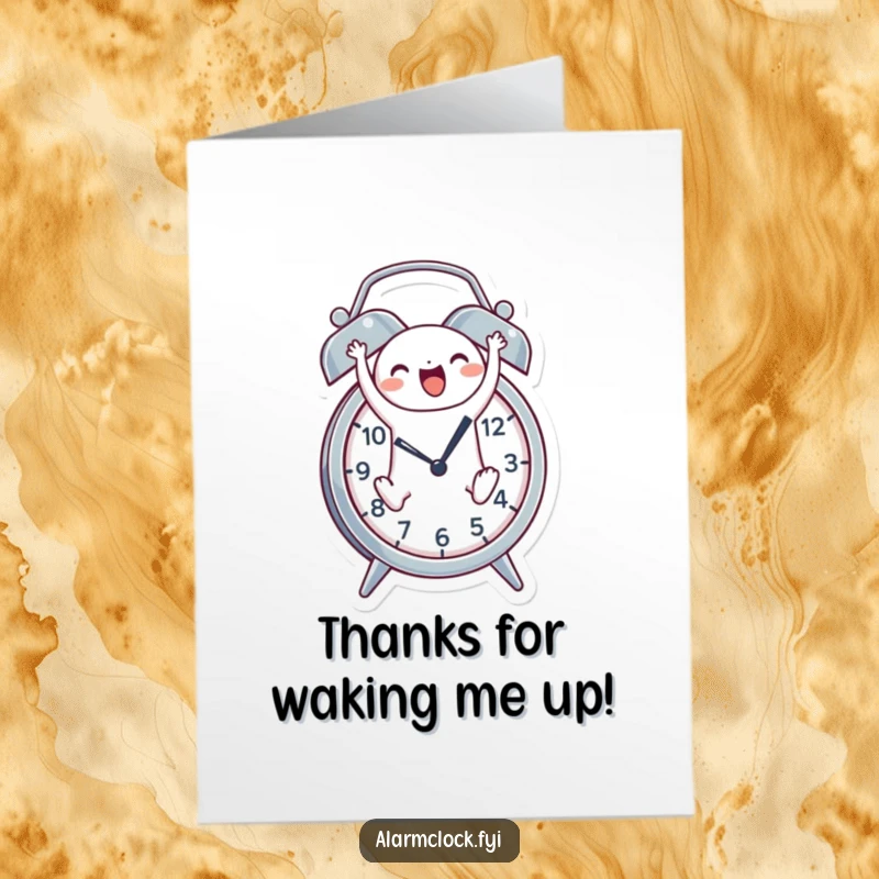 Funny free printable thank you card featuring a cheerful character leaping out of an alarm clock, conveying thanks.
