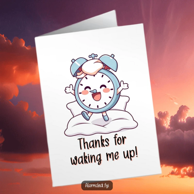Funny Free Printable Thank You Card: Character leaping out of bed with enthusiasm, signaling a happy thank you, alarm clock rings.