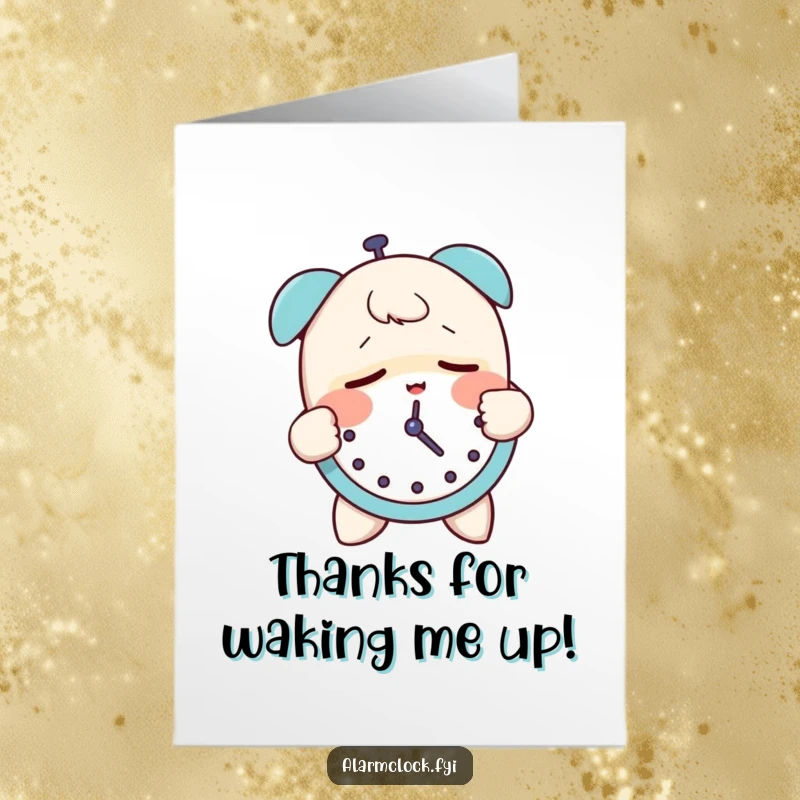 Funny Free Printable Thank You Card: Sleepy character groggily slapping an alarm clock, a humorous thank you DIY gift.