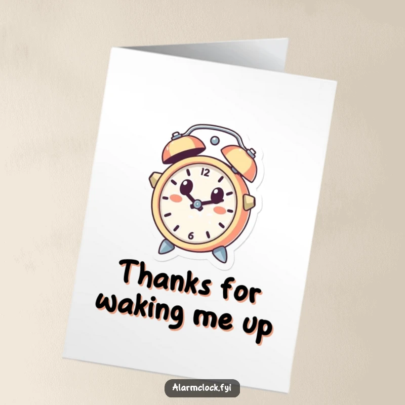 Funny Free Printable Thank You Card: A cute alarm clock character leaping out of a bell, looking utterly surprised, ideal for a DIY thank you.