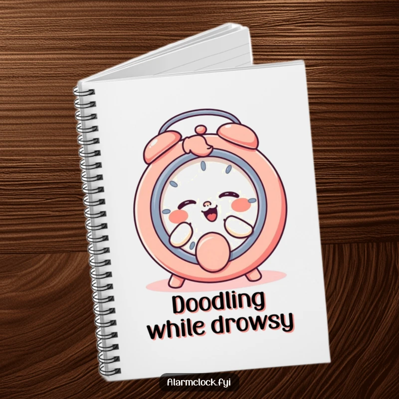 Funny notebook cover with a giggling character playfully pressing a snooze button, perfect for humorous note-taking.