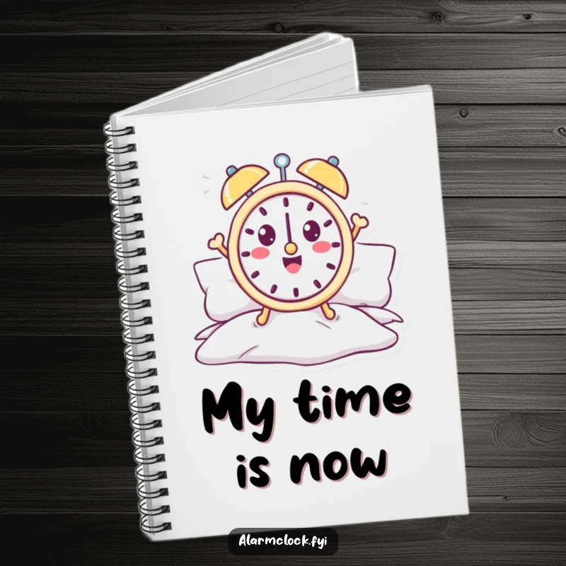 Funny alarm clock notebook with a cheerful character jumping out of bed, perfect for daily notes.