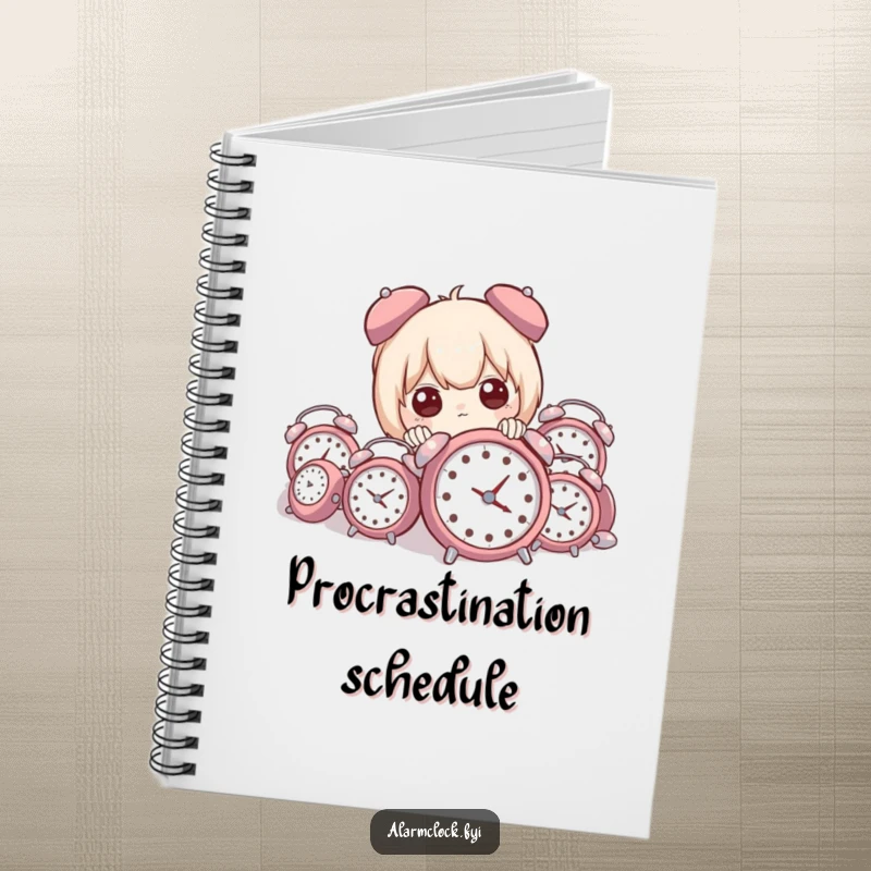 Funny notebook cover showing a character peeking from behind a large pile of miniature alarm clocks, ready to jot down notes.